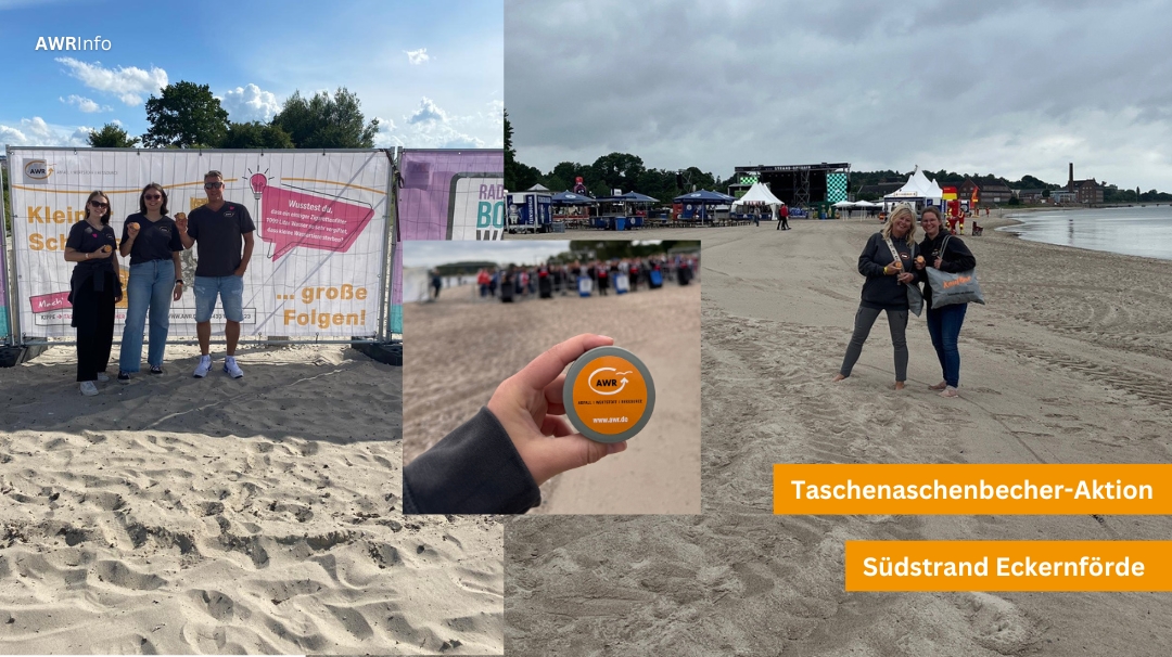 Strand mit AWR-Mitarbeiter*innen und Taschenaschenbecher